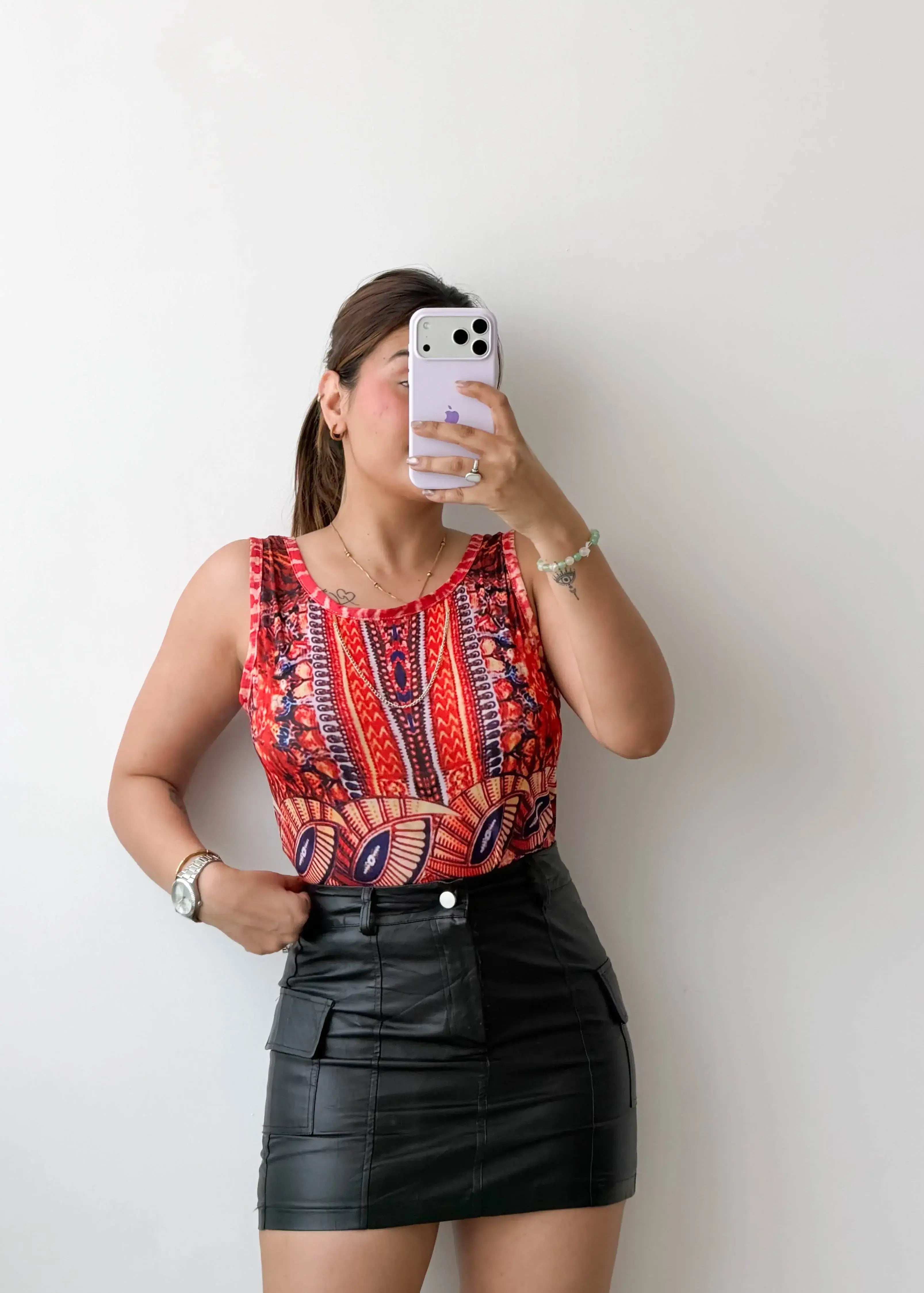 Size L-XL Red Ethnic Print Bodysuit