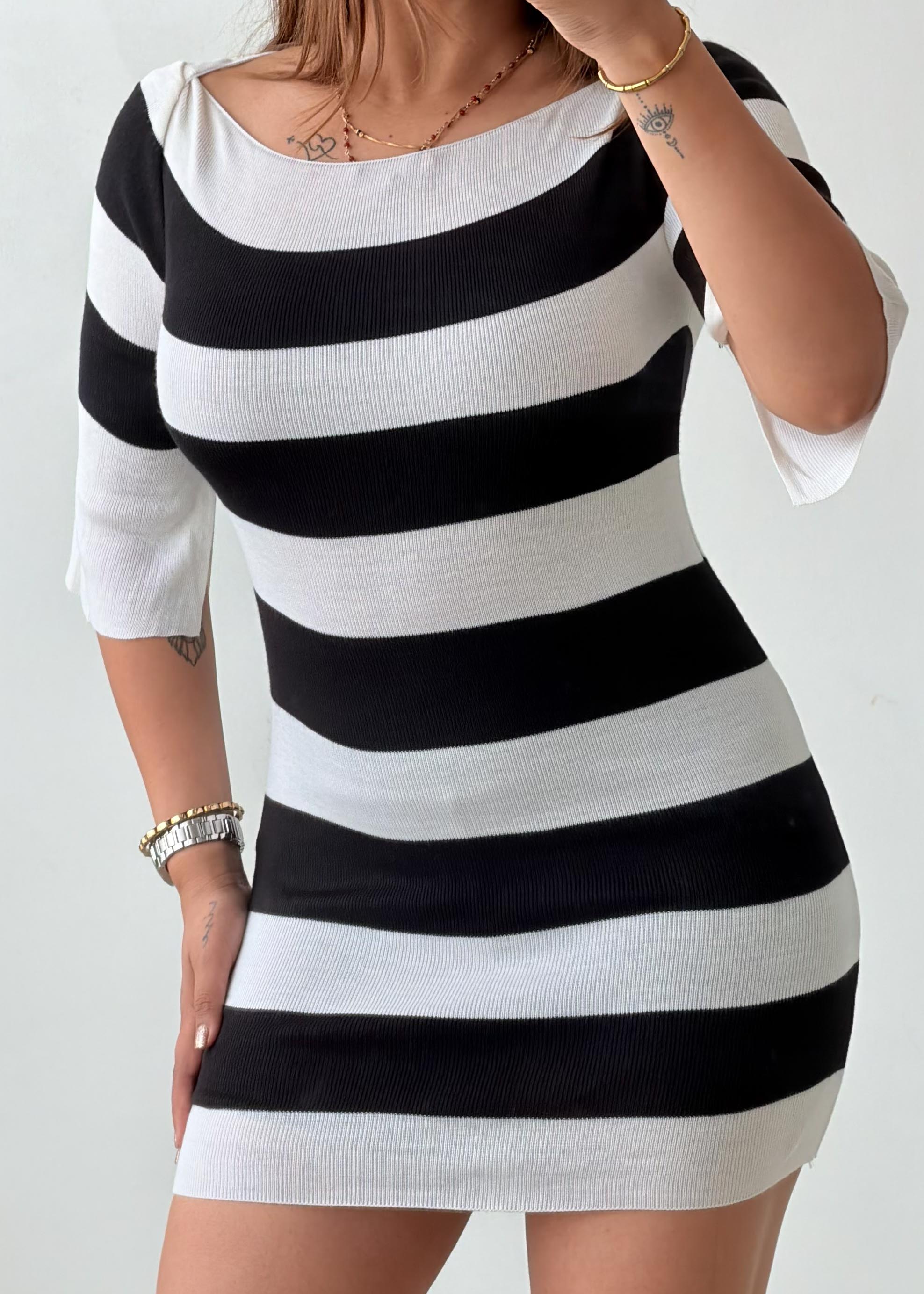 Size XS-S Black & White Stripe Knit Mini Dress