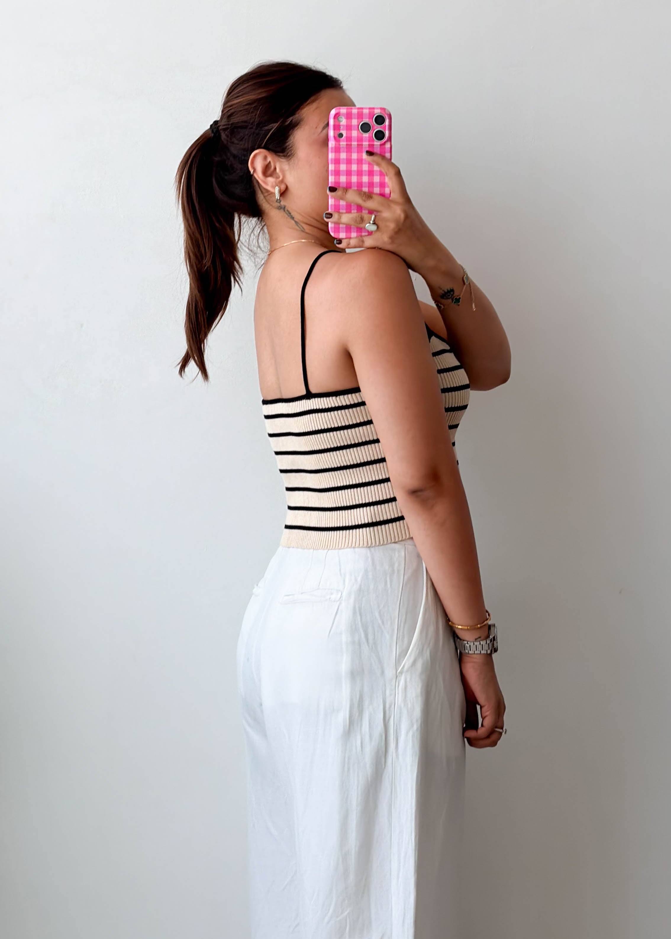 Size M-L Beige Striped Knit Cami Top