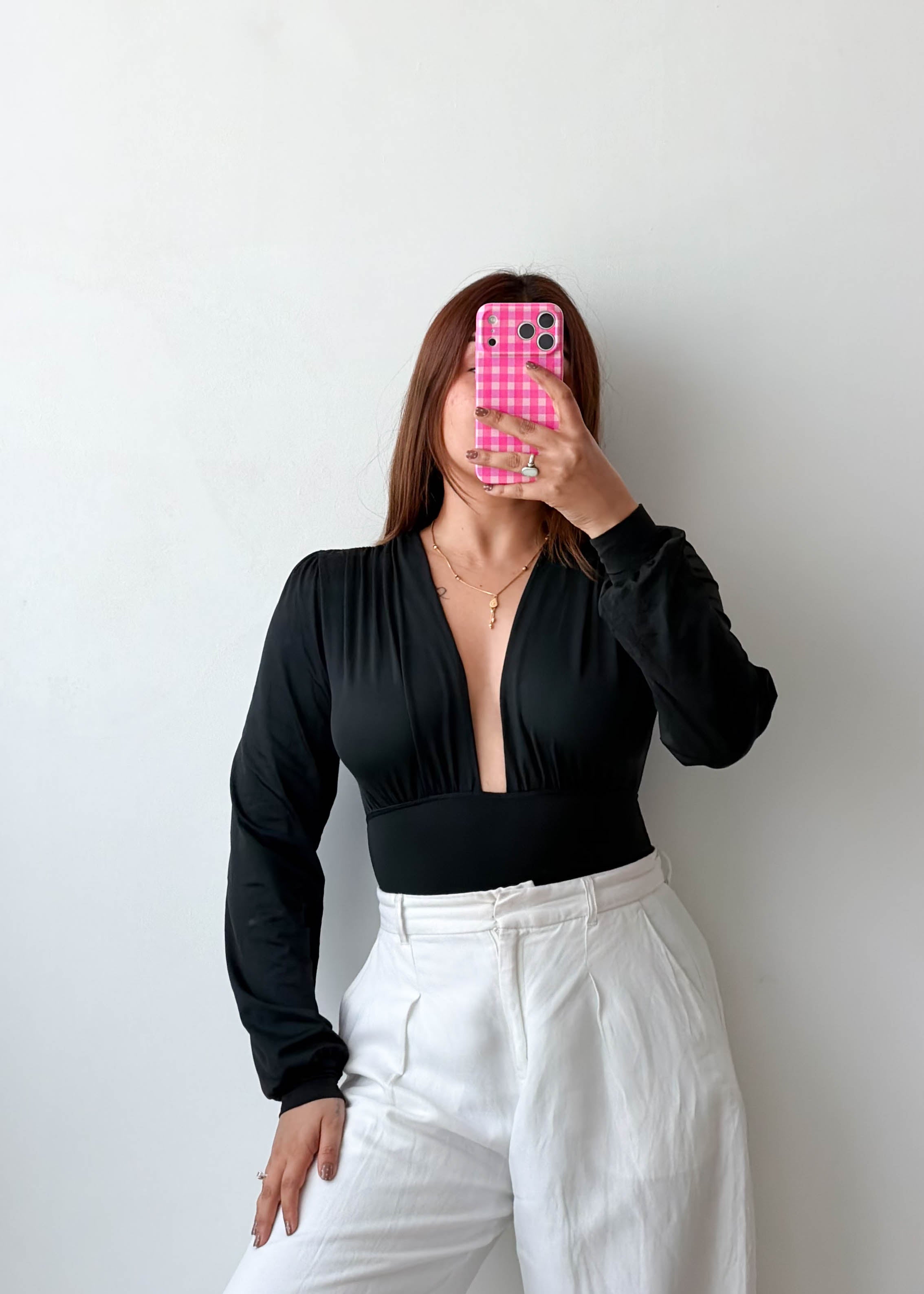 Size S-M Black Plunge Long Sleeve Bodysuit