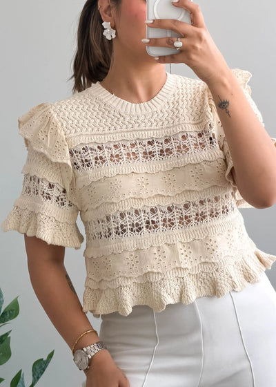 Size S-M, Cream Ruffle Lace Top - Closet by Payal