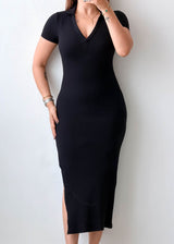 Size XS-S Black Collared Ribbed Midi Dress