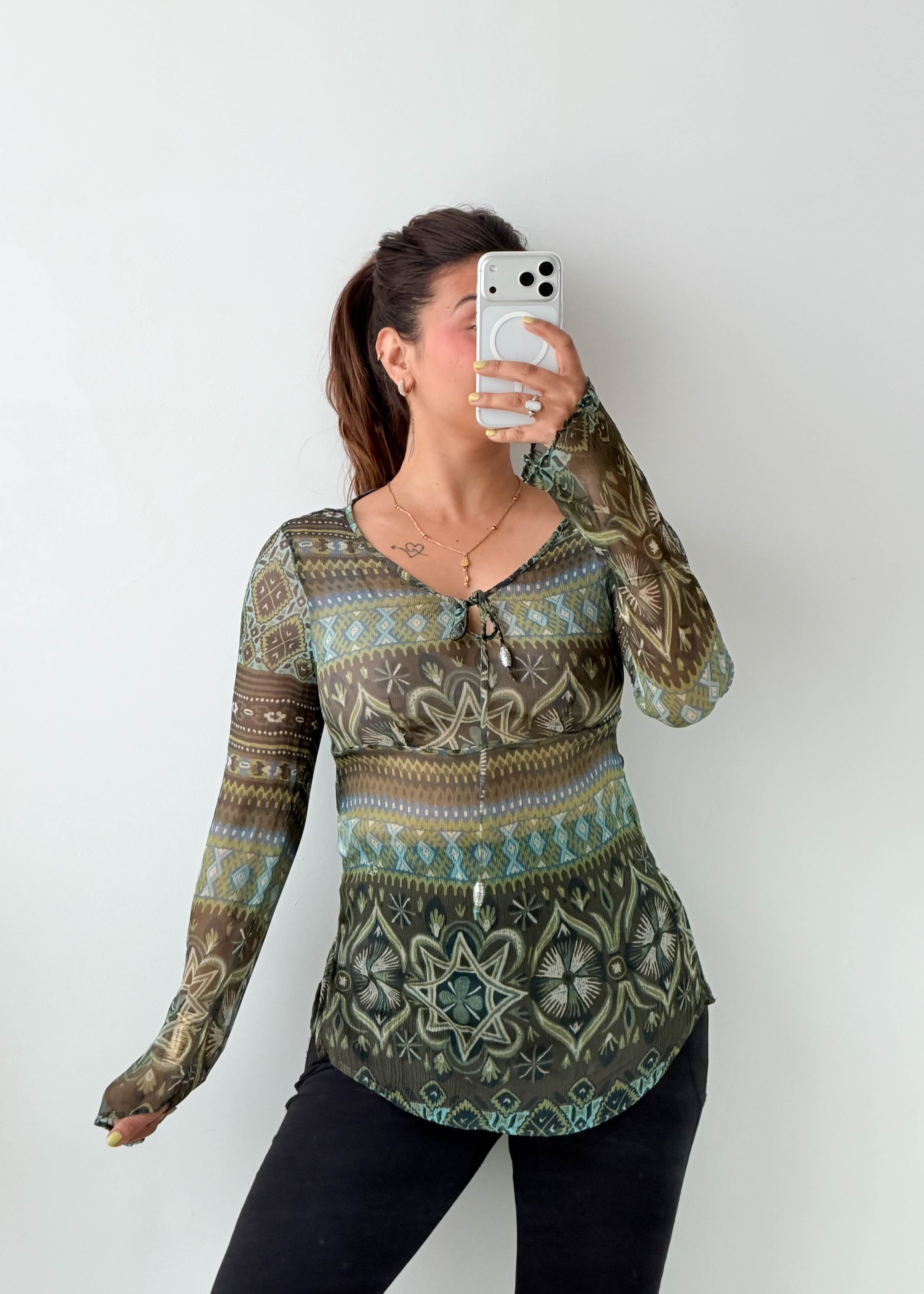 Size XS-S Green Geometric Print Top