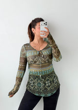Size XS-S Green Geometric Print Top
