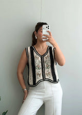 Size M, Black & Cream Crochet Vest Top - Closet by Payal