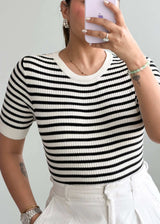Size M-L, Black & White Striped Half Sleeve Top - Closet by Payal