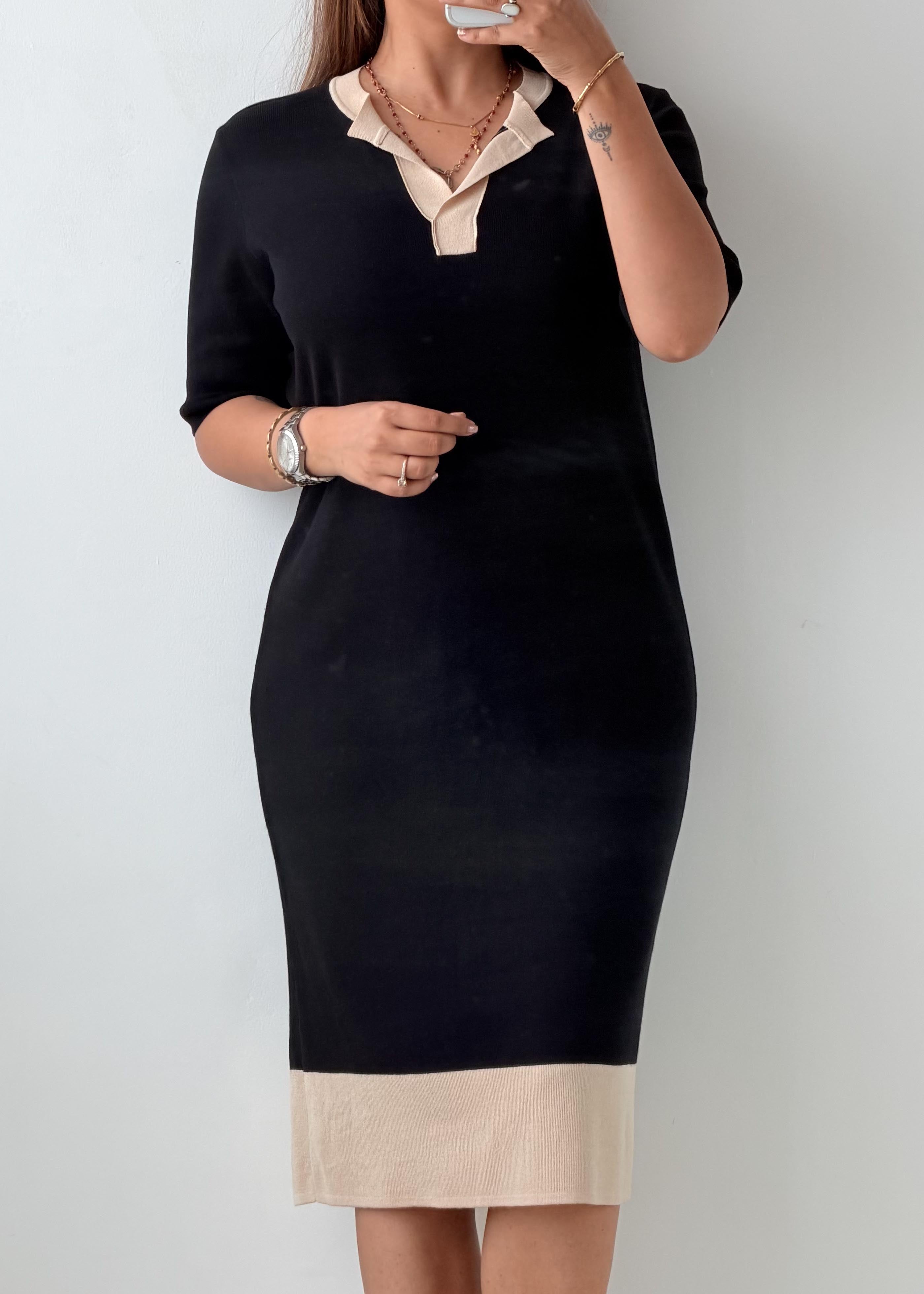 Size M-L Black Contrast Trim Knit Midi Dress