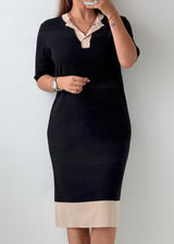 Size M-L Black Contrast Trim Knit Midi Dress