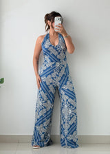 Size M-L Blue Paisley Print Halter wrap around Jumpsuit