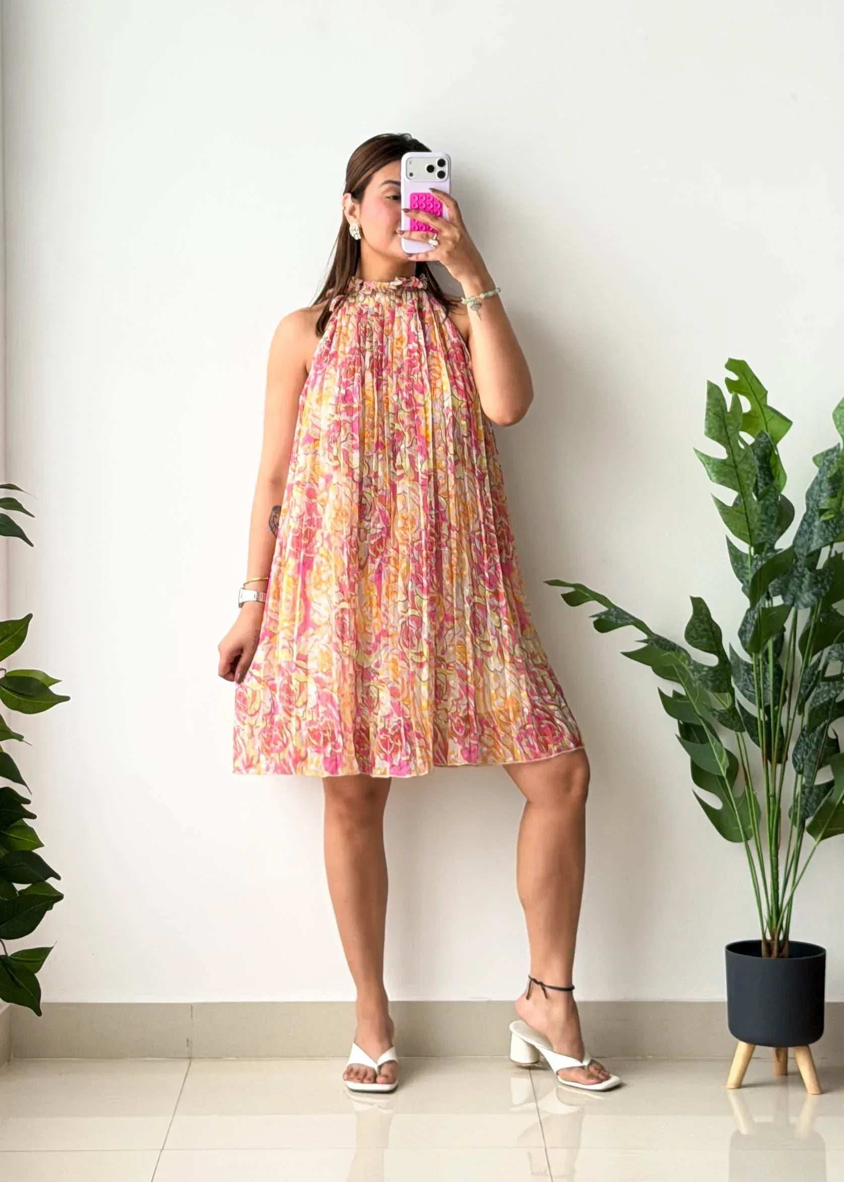 Size XS-S, Pink Floral Halter Mini Dress
