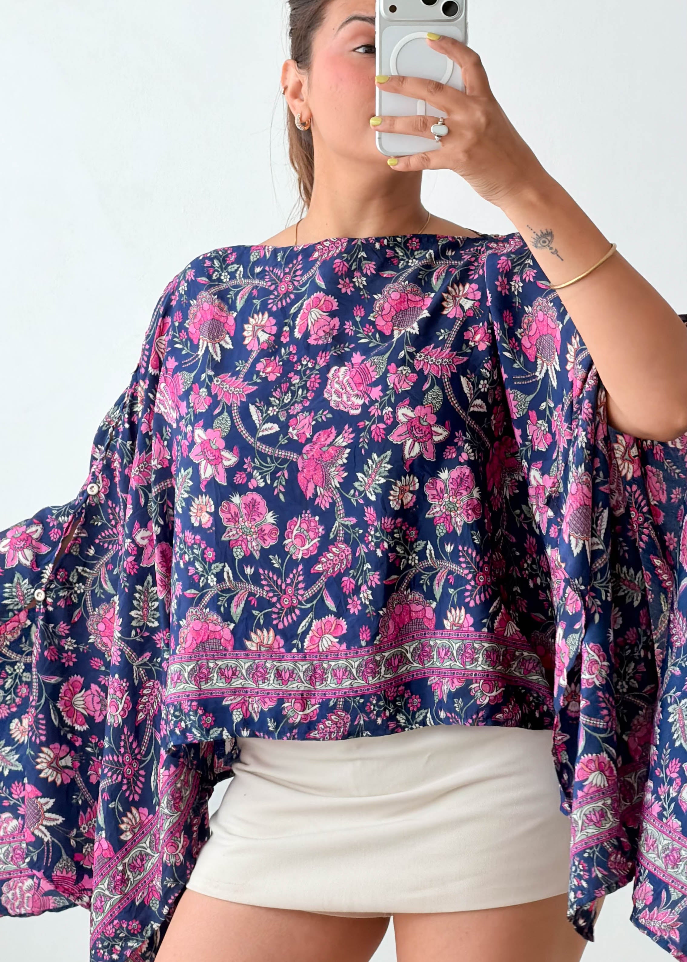Free Size Navy Floral Batwing Kaftan Top