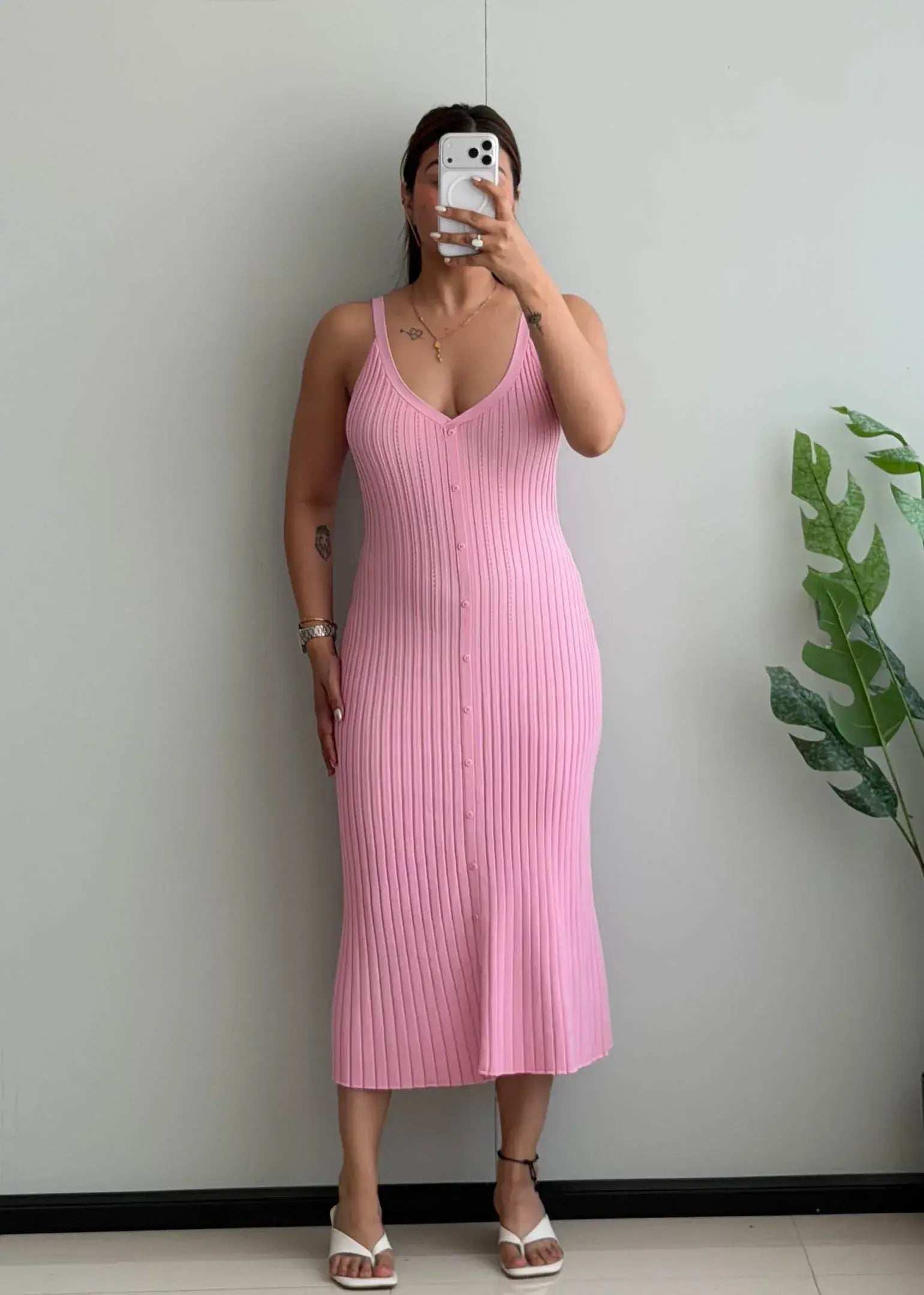 SIZE S-M, Pink Ribbed Button Front Midi Dress - Closet by Payal