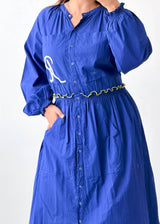 Size L-XL Royal Blue Embroidered Button-Down Maxi Dress