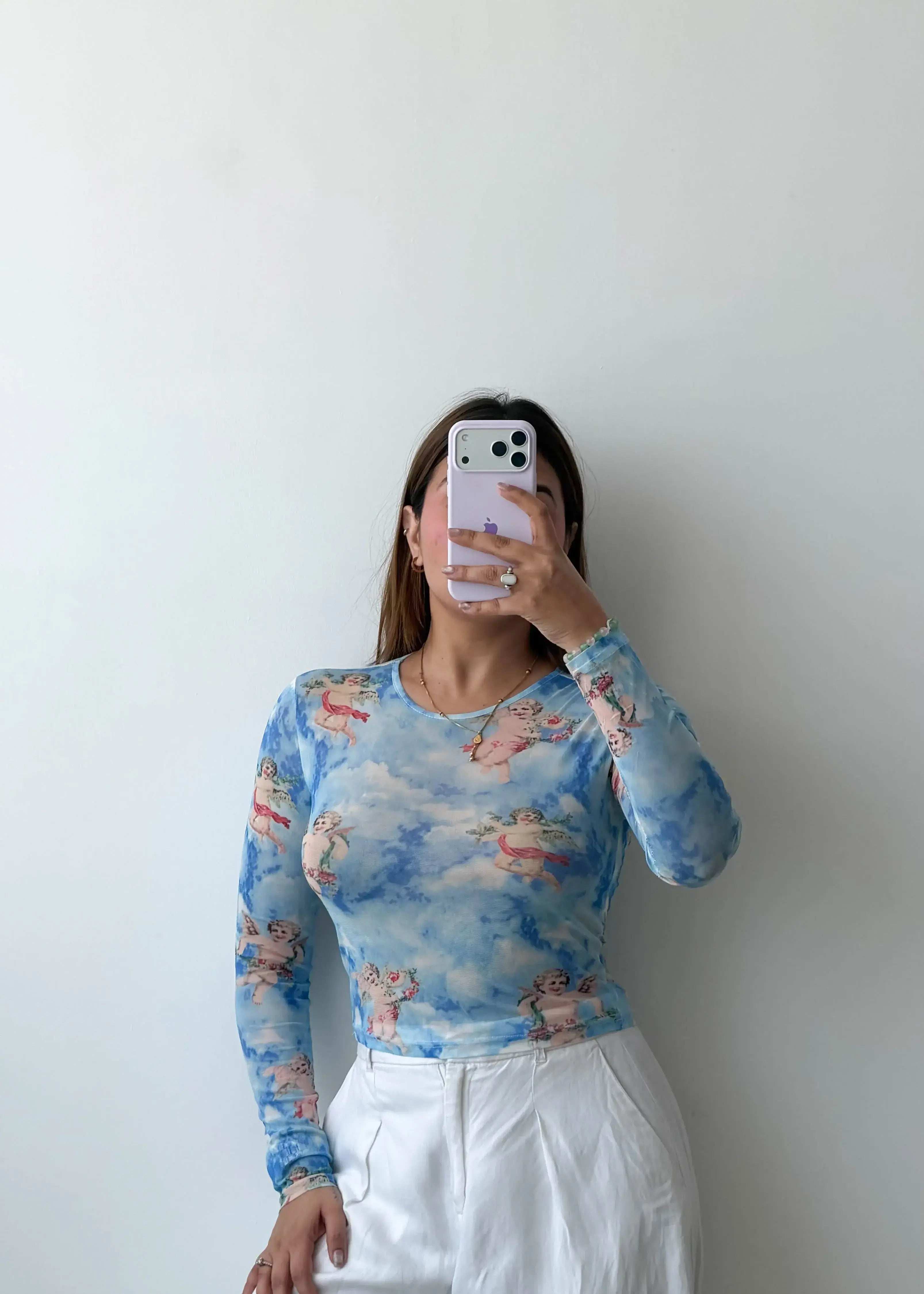 Size S-M Blue Angel Print Mesh Top