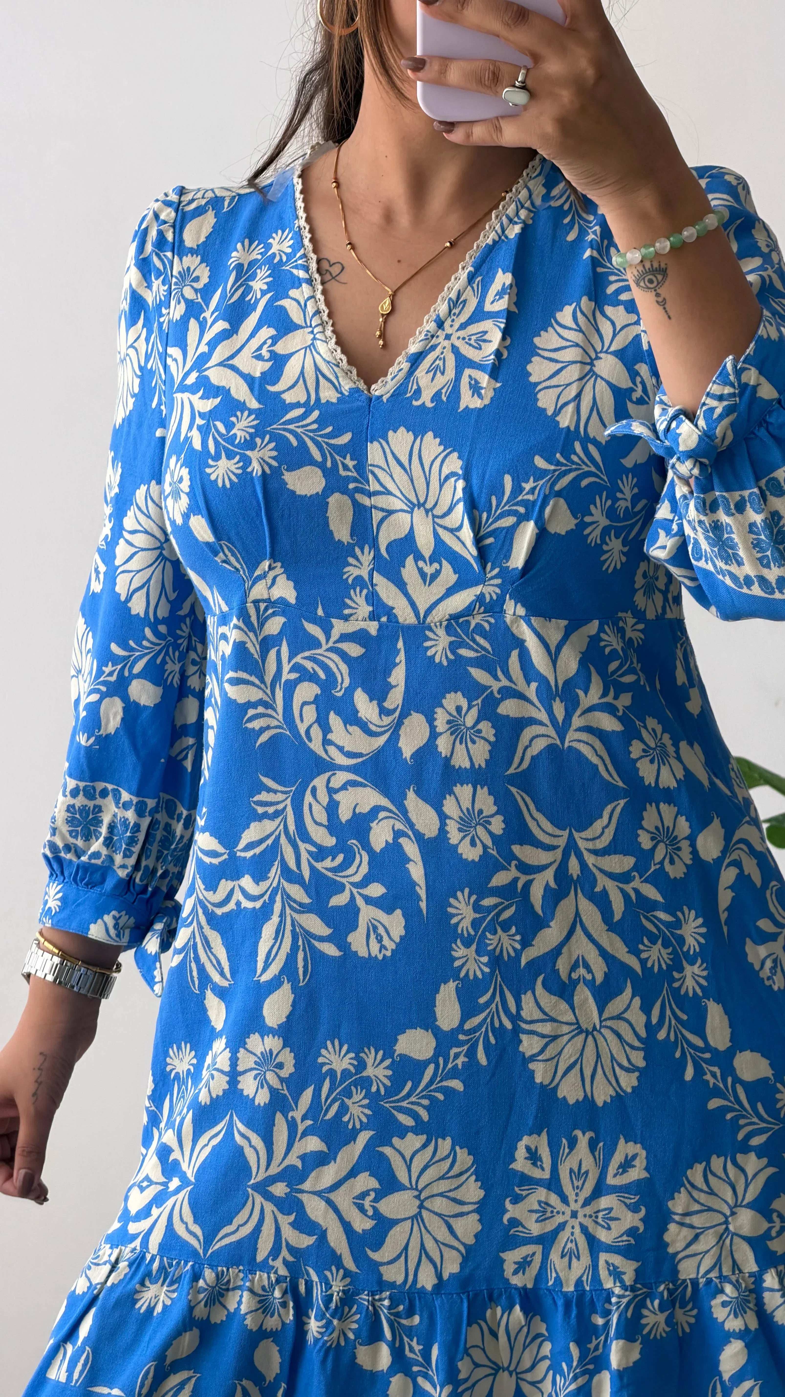 Blue Floral Printed A-Line Dress