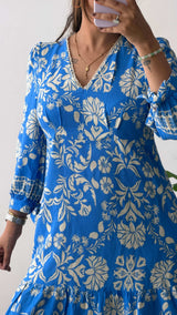 Blue Floral Printed A-Line Dress