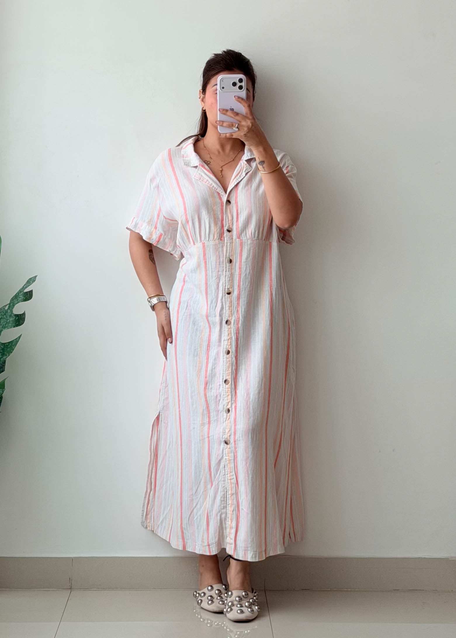 Size XXL Striped Cotton Shirt Midi Dress