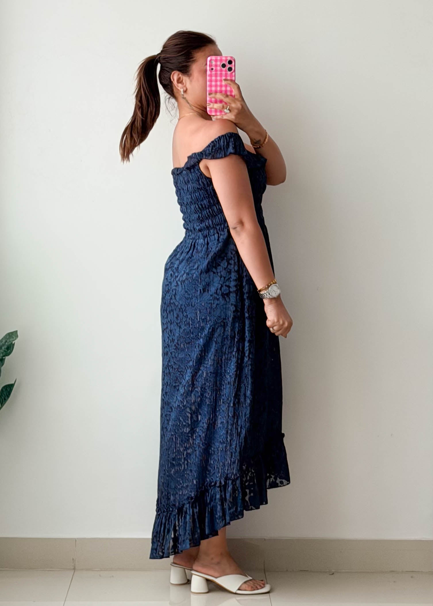 Size XS-S Navy Off-Shoulder High-Low Maxi Dress