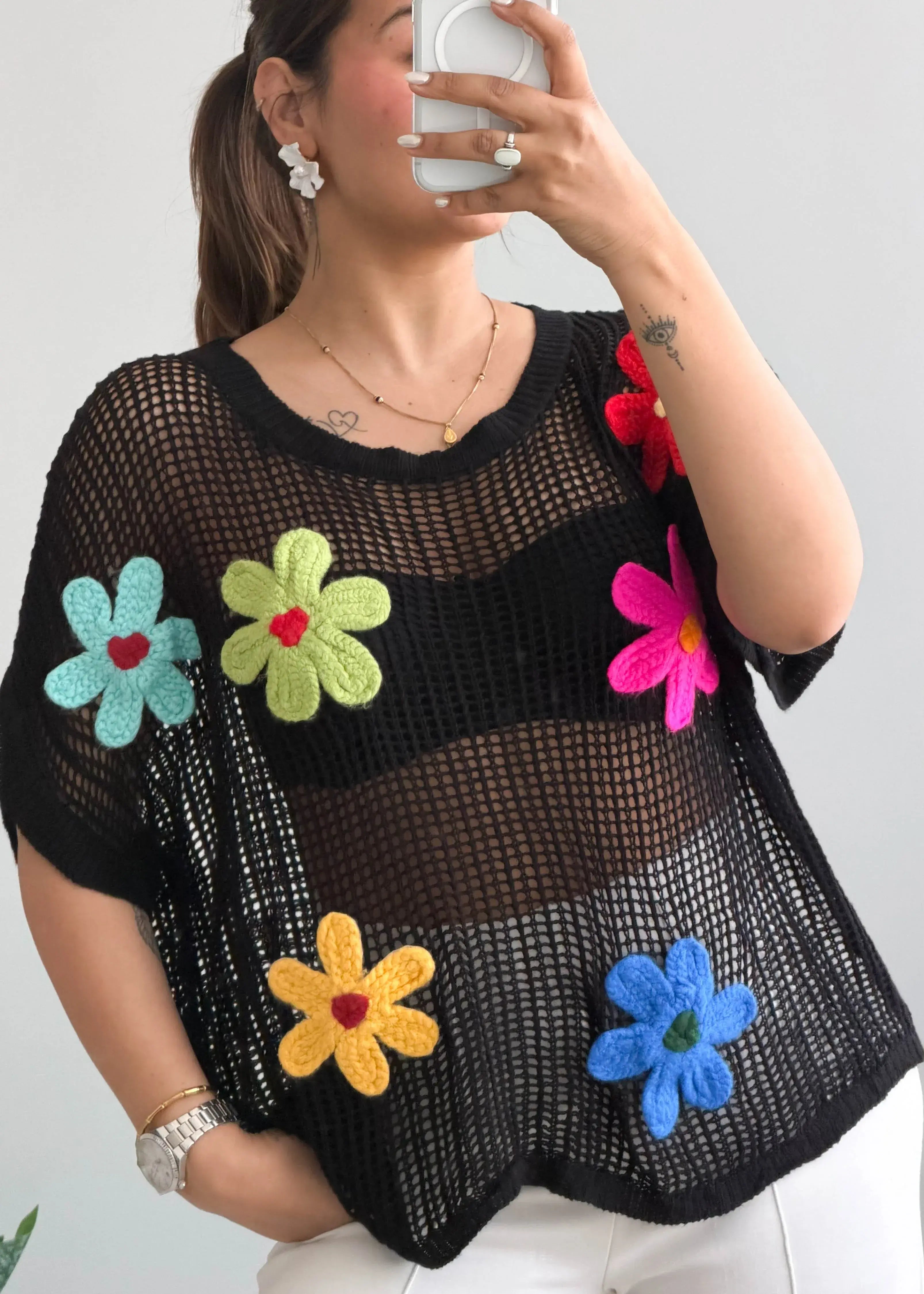 Free size, Black Floral Crochet Top - Closet by Payal