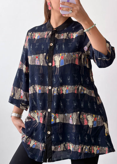 M-L Navy Patchwork Print Soft Chiffon Shirt