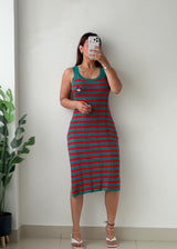 Size S-M Teal & Red Striped Knit Midi Dress