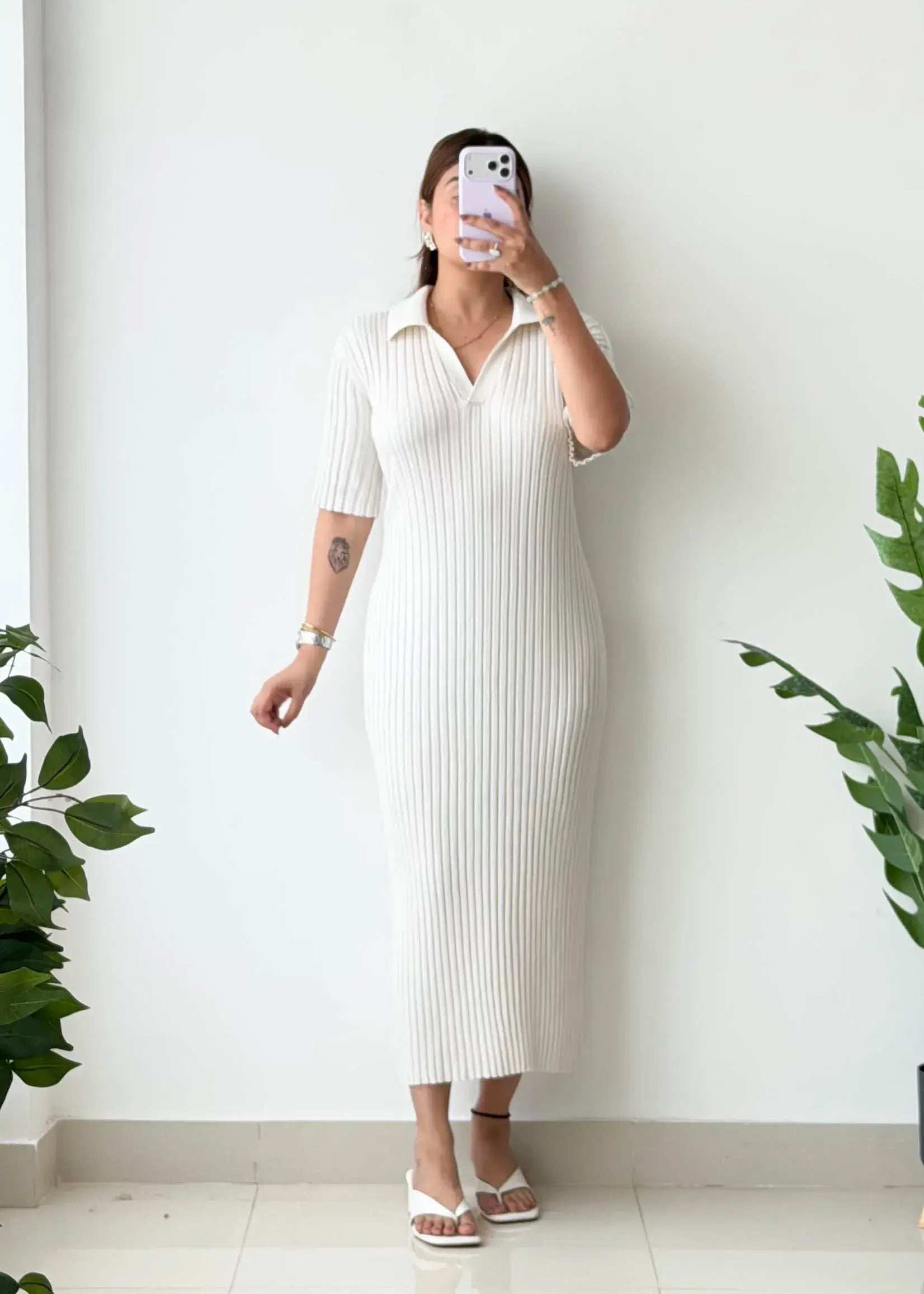 Size L-XL, White Collared Ribbed Maxi Dress - Closet by Payal