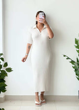 Size L-XL, White Collared Ribbed Maxi Dress - Closet by Payal