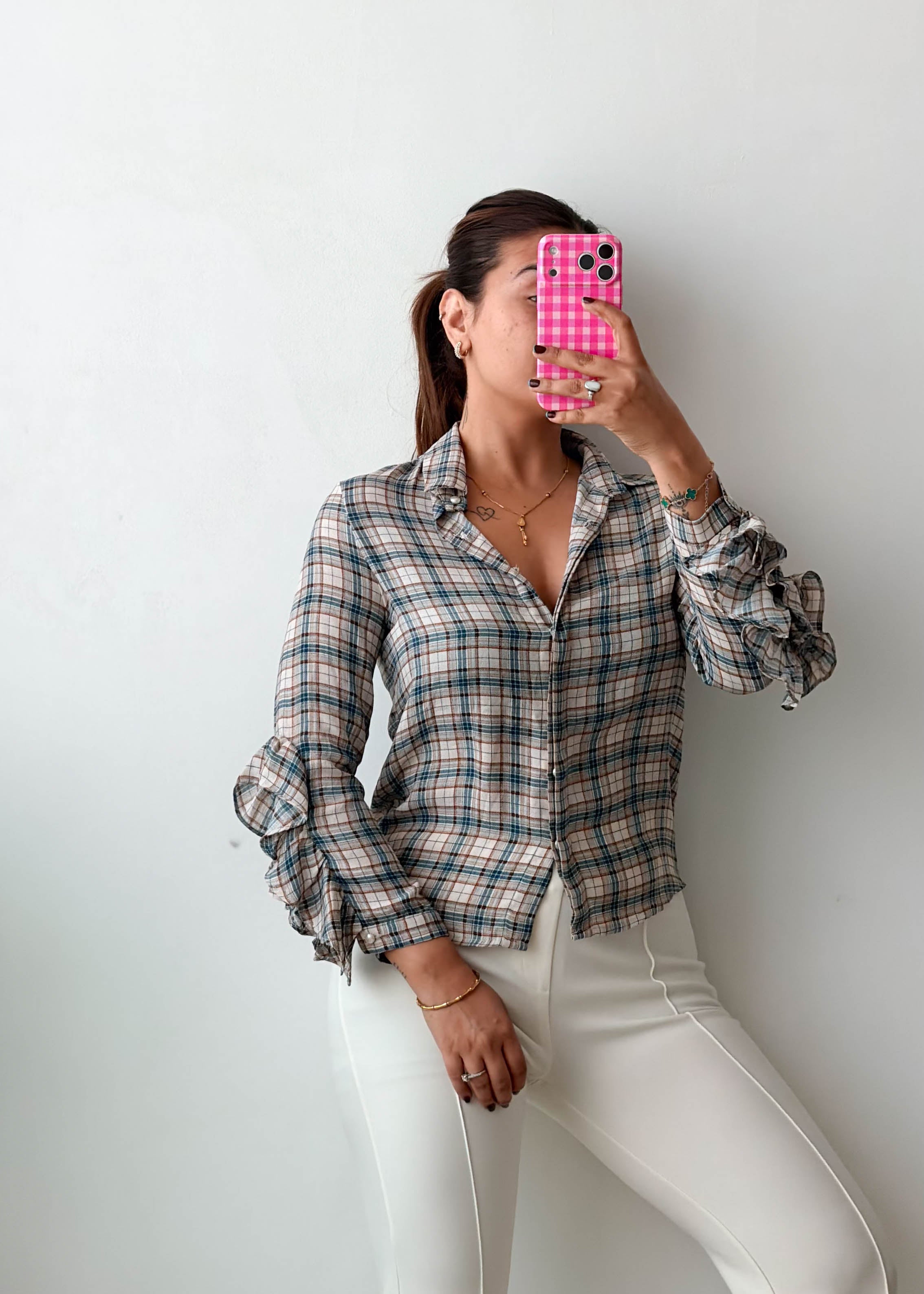Size XS Blue Grey Check Ruffle Sleeve Shirt Top