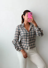 Size XS Blue Grey Check Ruffle Sleeve Shirt Top