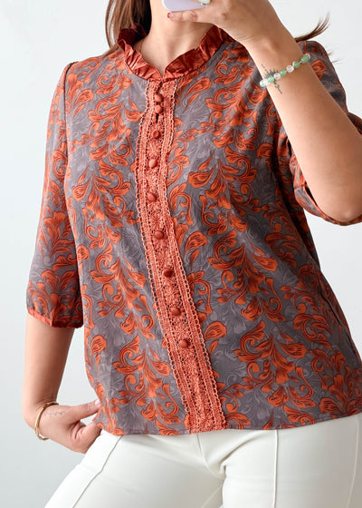 S-M Rust Paisley Mandarin Collar Top