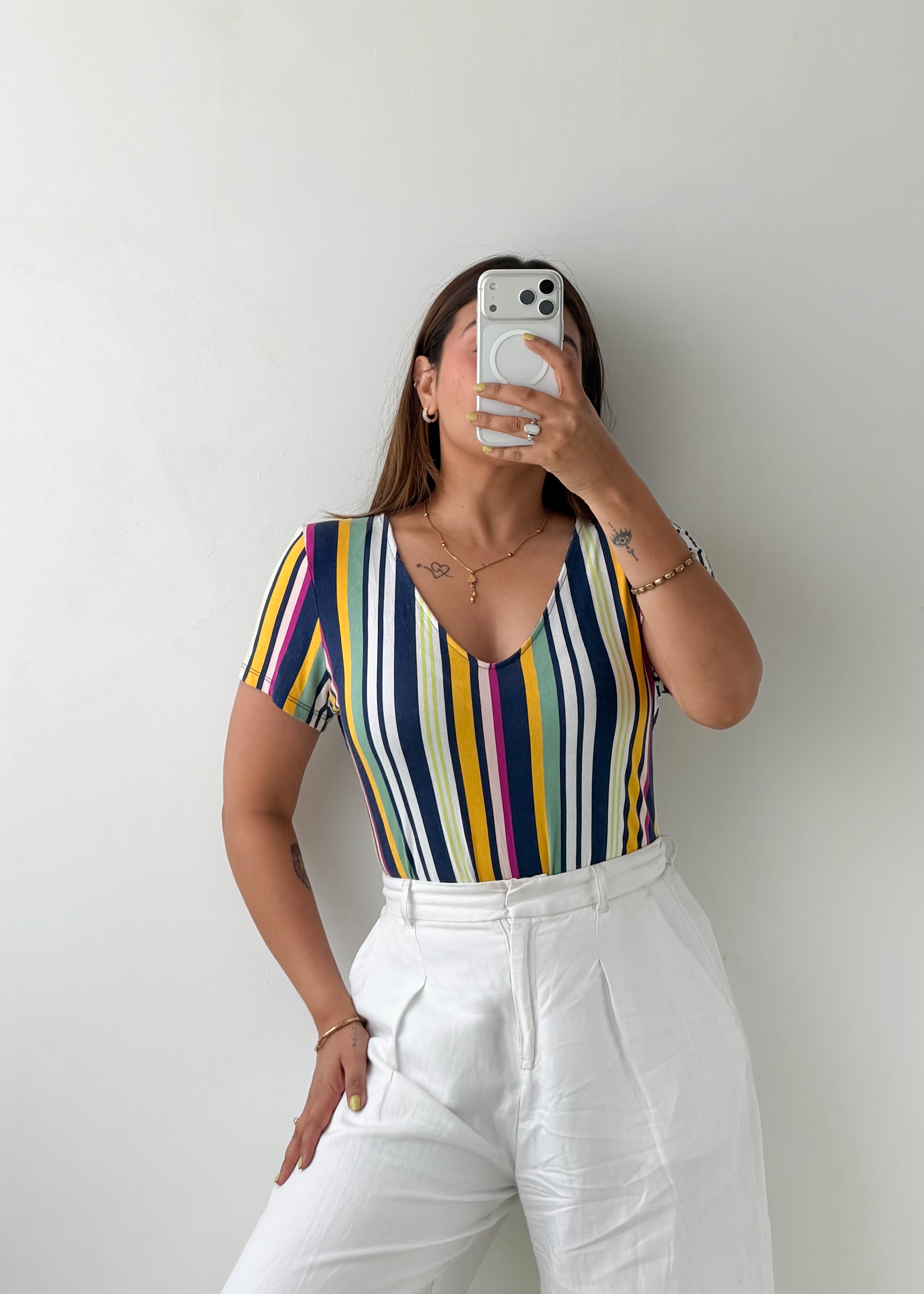 Size L-XL Multicolor Striped V-Neck Bodysuit