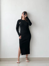 Size M-L, Black One Sleeve Cutout Midi Dress
