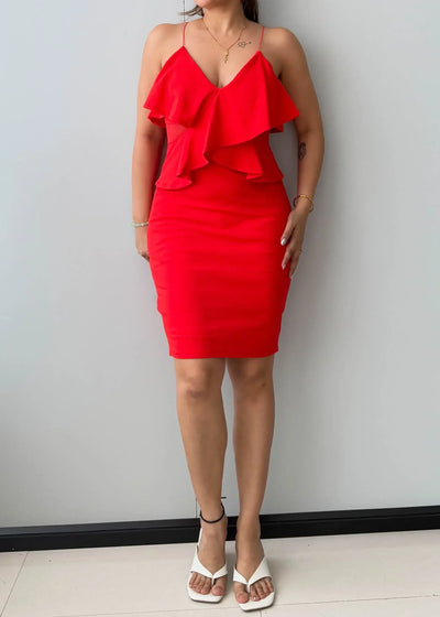 Size S-M, Red Ruffle Bodycon Midi Dress - Closet by Payal