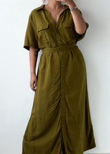 Size L-XL Olive Green Shirt Maxi Dress
