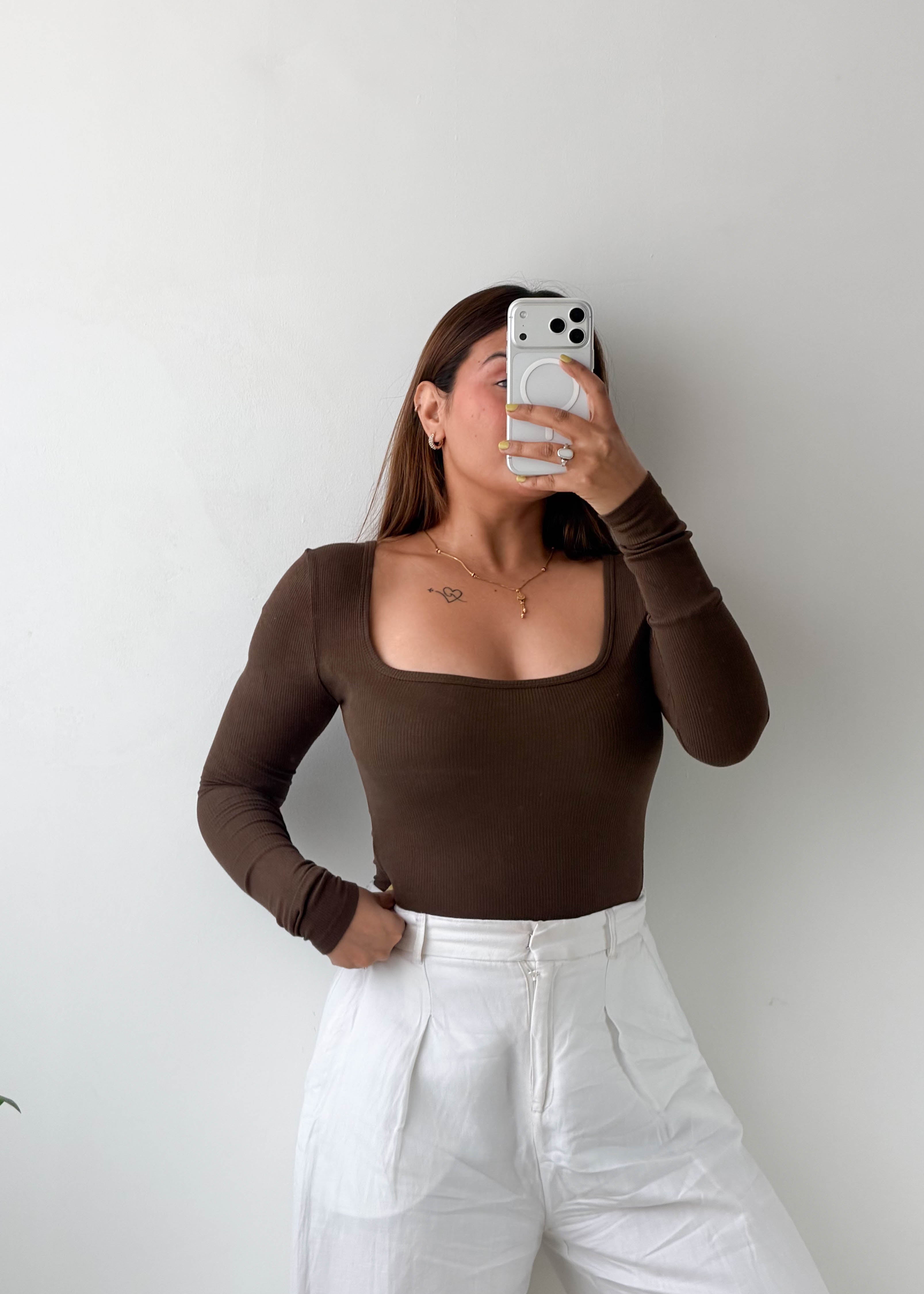 Size XS-S Brown Square Neck Bodysuit