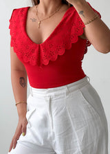 Size S-M Red Eyelet Ruffle Bodysuit