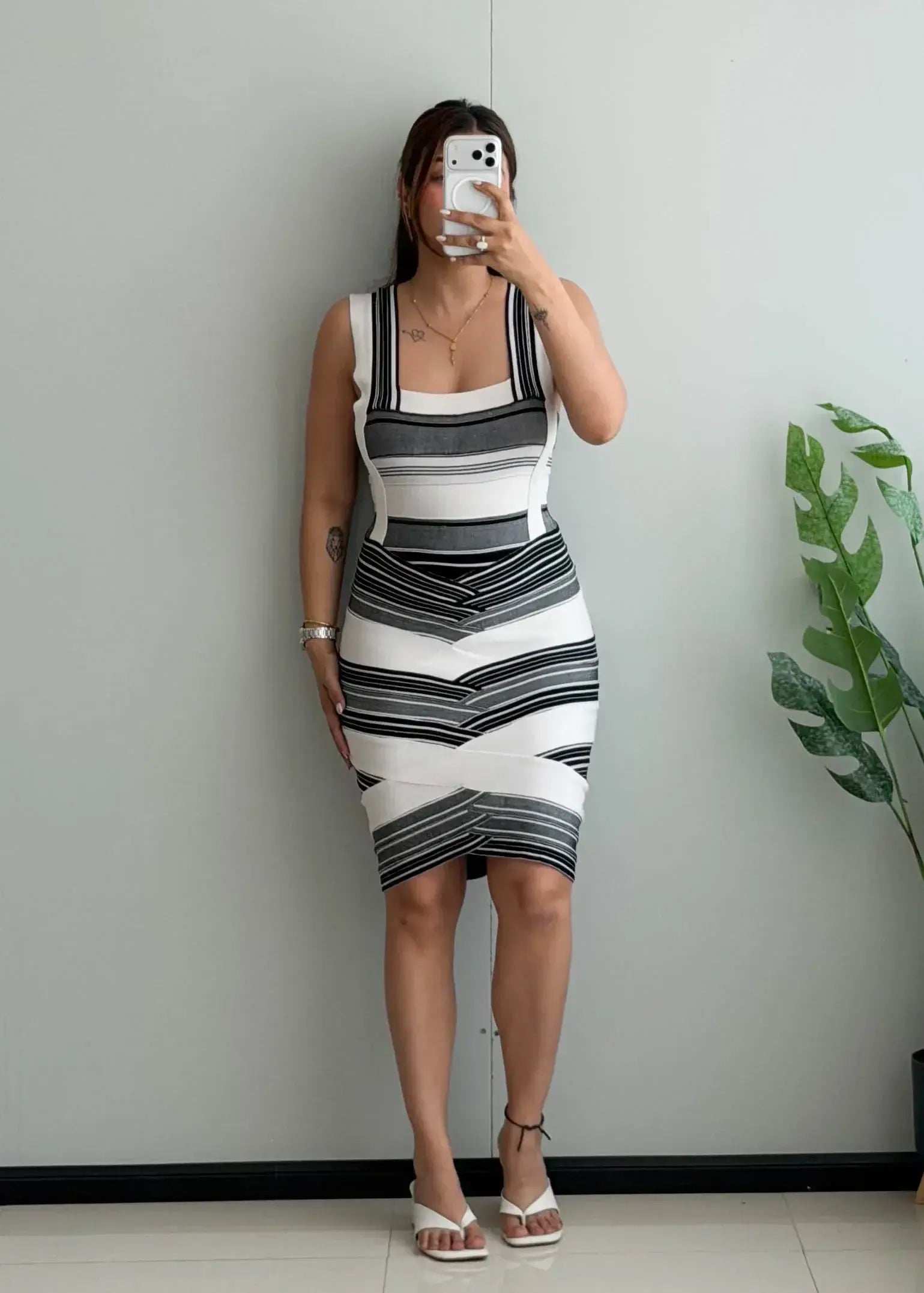 SIZE S-M, Black & White Geometric Stripe Bodycon Midi Dress - Closet by Payal