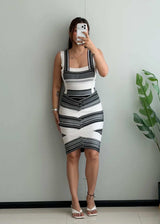 SIZE S-M, Black & White Geometric Stripe Bodycon Midi Dress - Closet by Payal