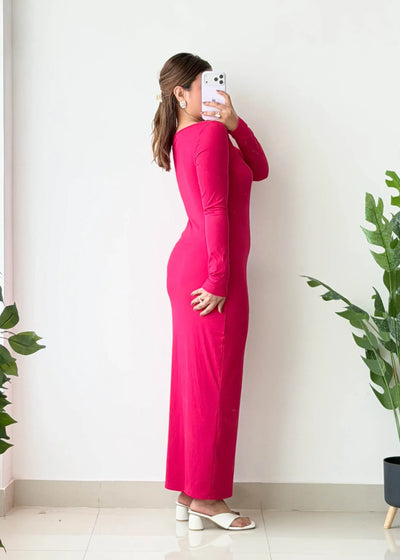 Size M-L, Hot Pink Long Sleeve Maxi Dress - Closet by Payal