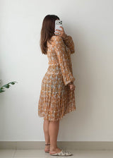 Size M-L Mustard Floral Pleated Mini Dress