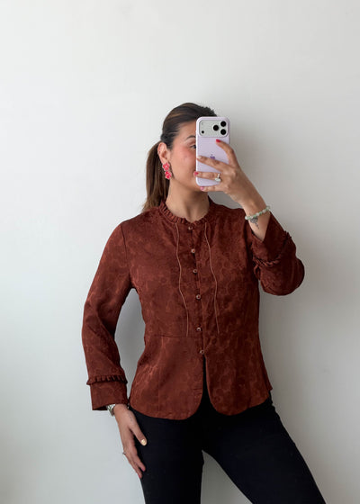 Size M Rust Textured Button Viscose Crepe Shirt