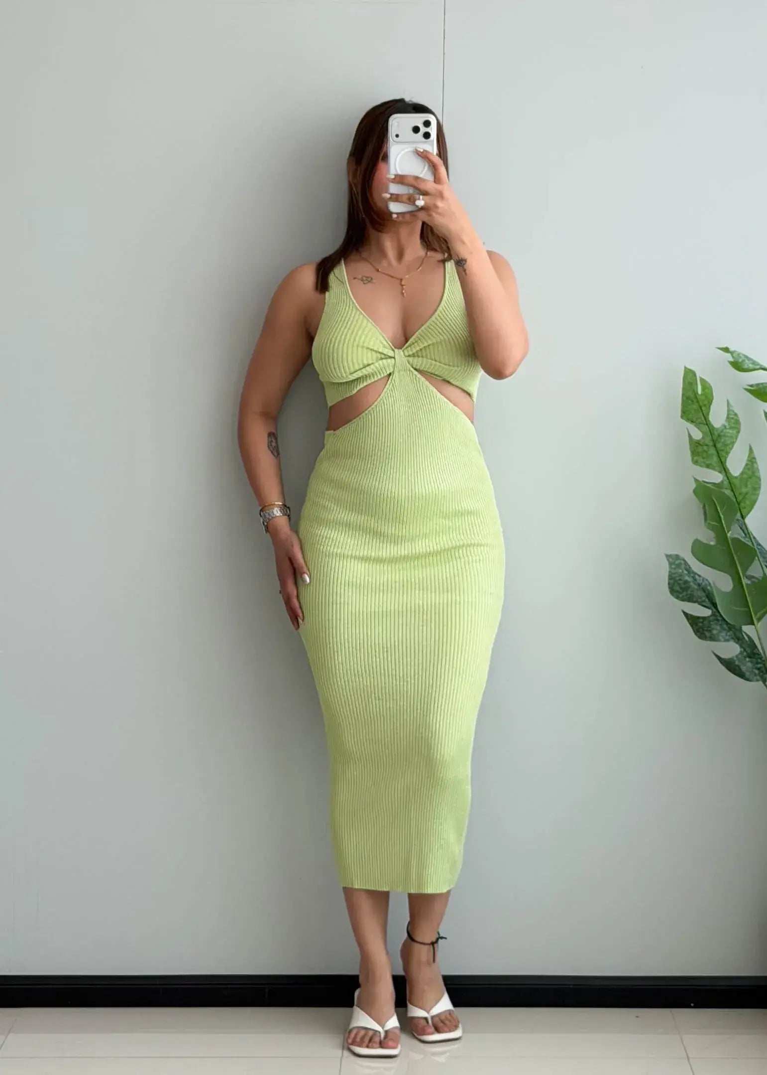 SIZE S-M, Lime Green Ribbed Cut-Out Midi Bodycon Dress – Stretchy Dress - Closet by Payal