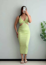 SIZE S-M, Lime Green Ribbed Cut-Out Midi Bodycon Dress – Stretchy Dress - Closet by Payal