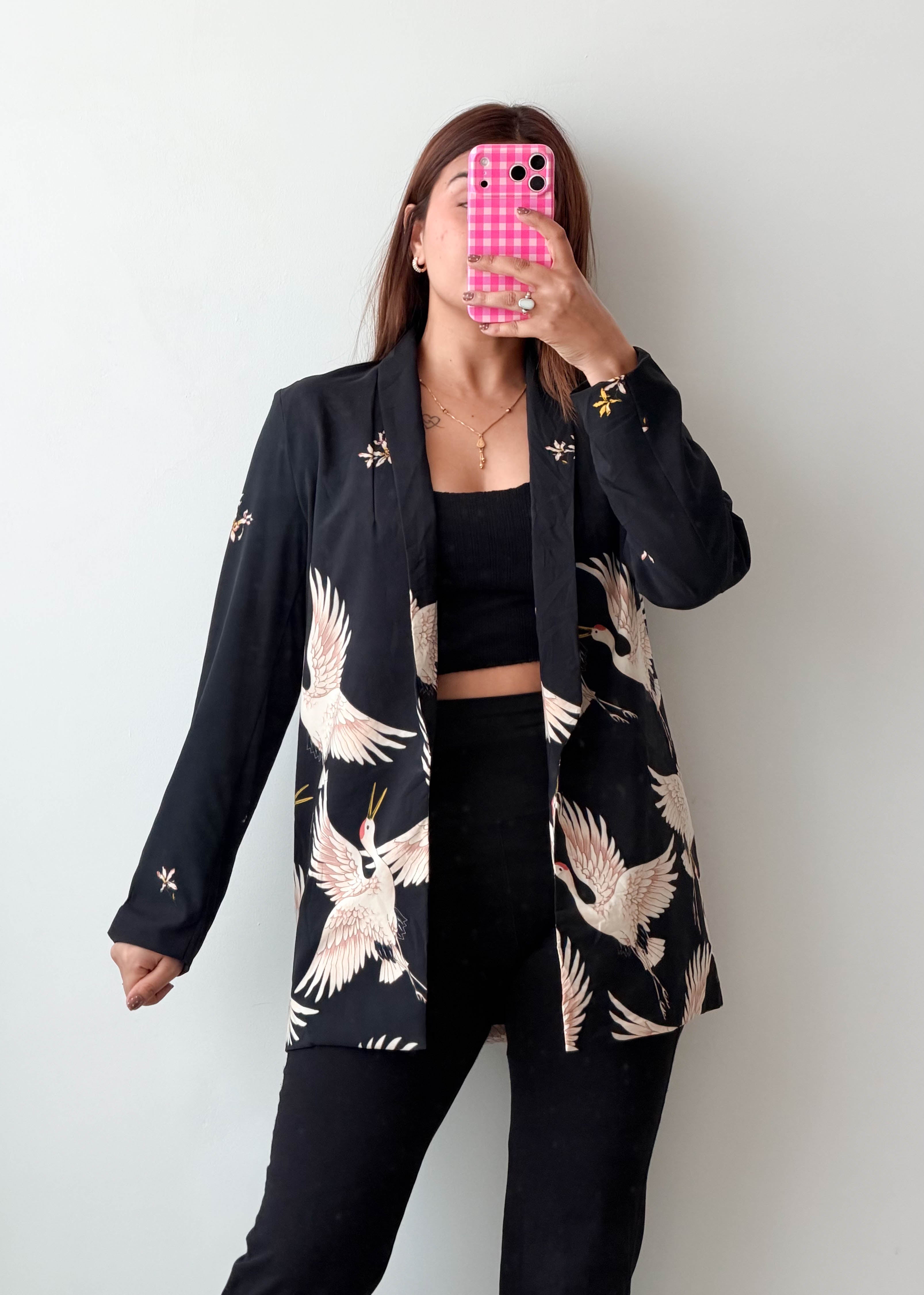 Size S-M Black Crane Print Blazer Jacket