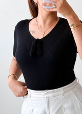 Size L-XL Black Ribbed Tie Front Top