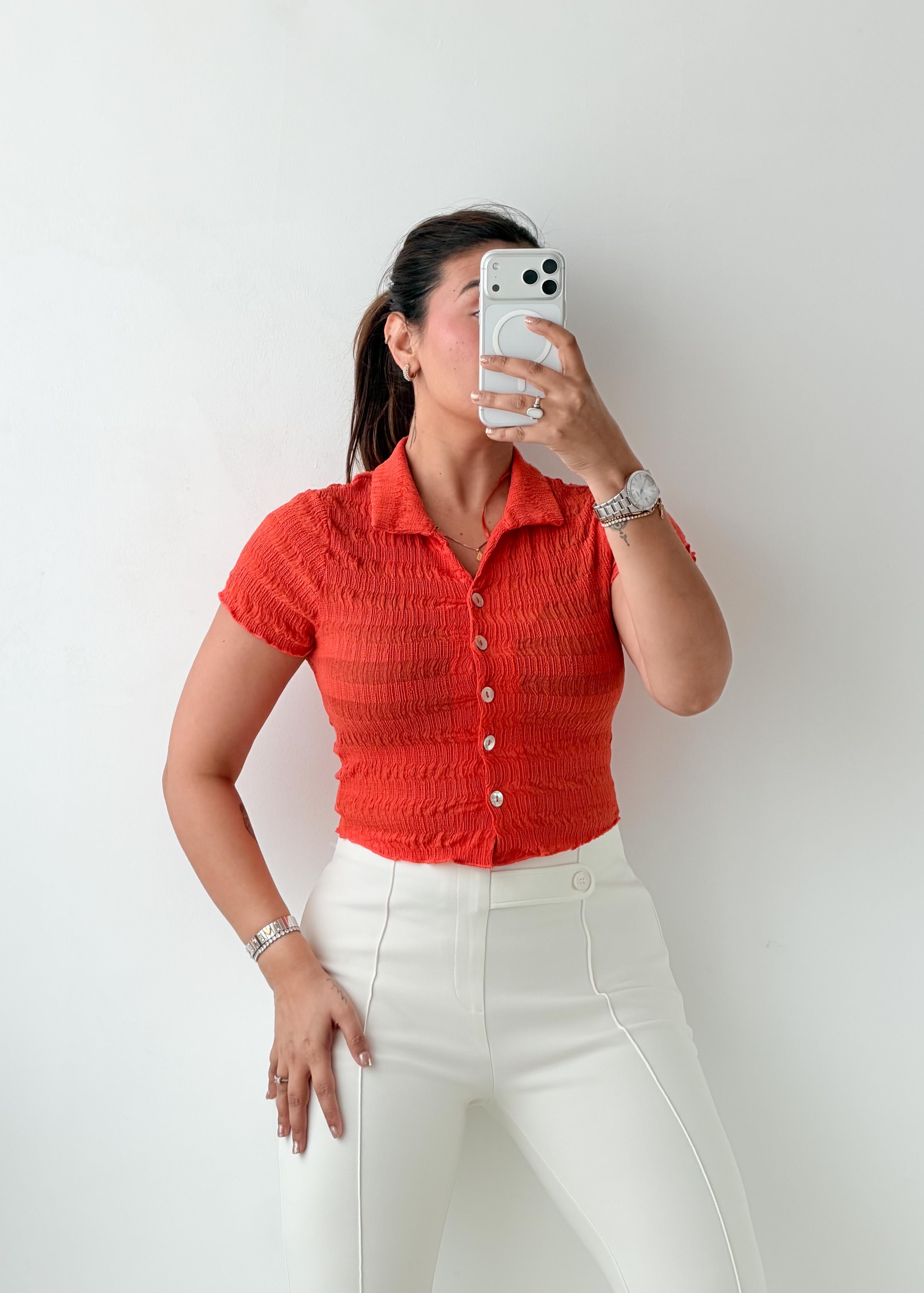 Size XS-S Coral Smocked Collared Top