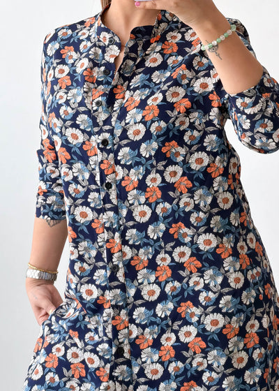 S-M Navy Floral Tie Neck Viscose Shirt