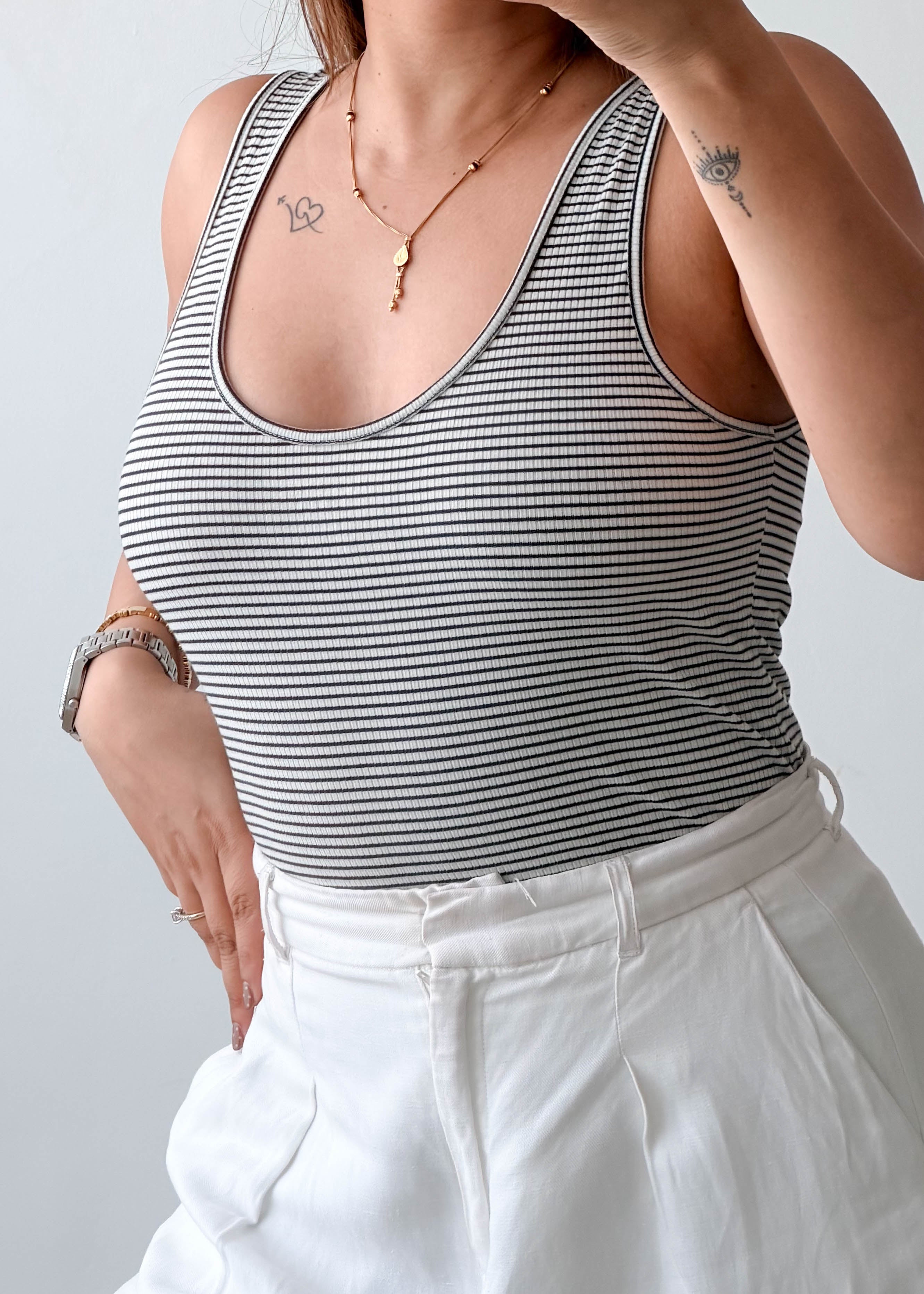 Size L Black & White Striped Tank Bodysuit