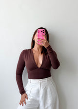 Size S Chocolate Brown Plunge Long Sleeve Bodysuit