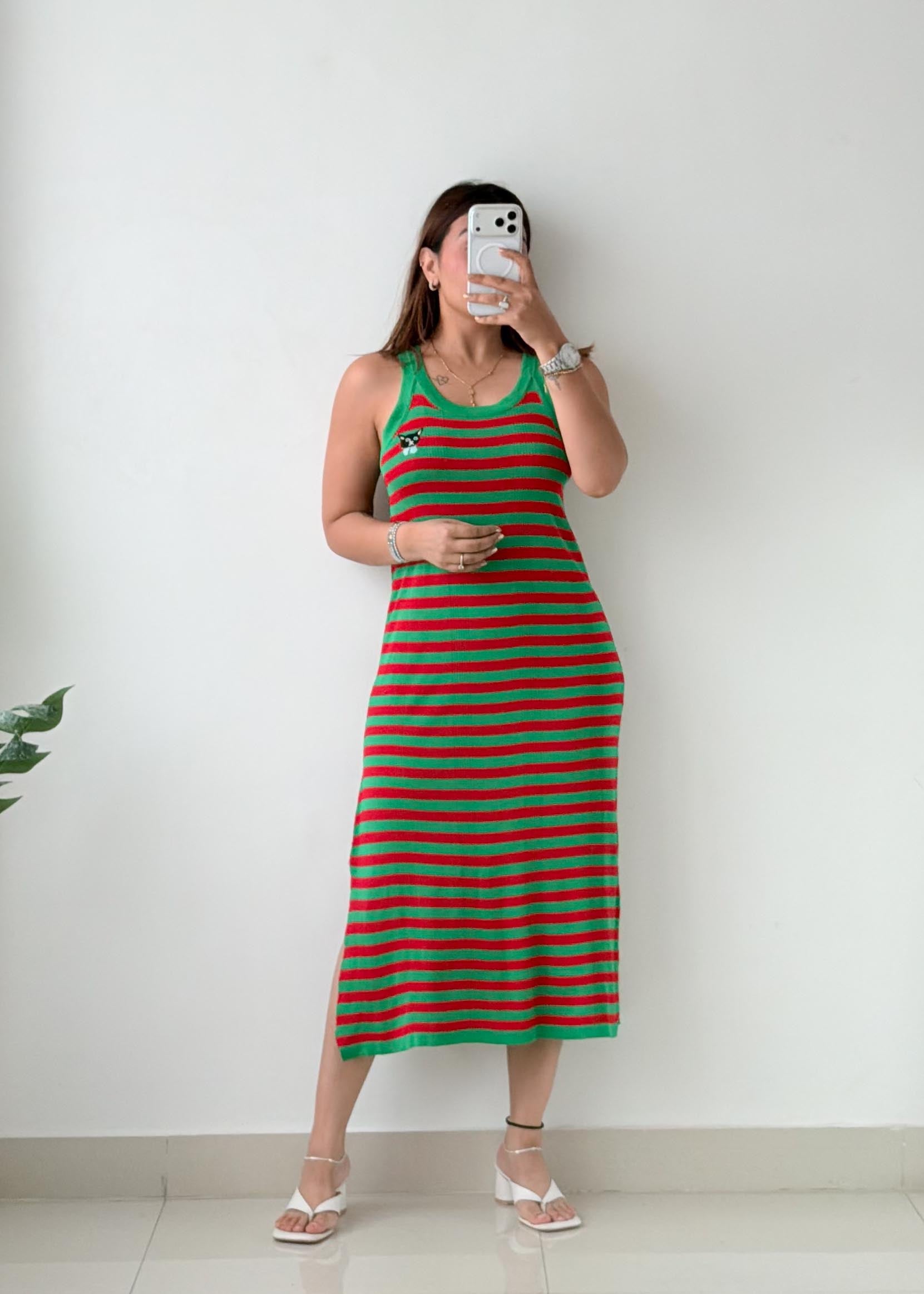 Size M-L Green & Red Striped Knit Midi Dress